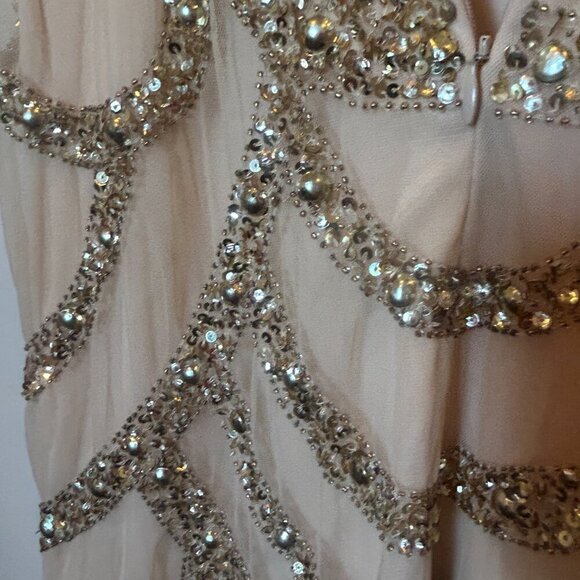 Aidan Mattox Beige Dress With Gold Sequin and Spaghetti Straps Size 4 - Picture 5 of 13